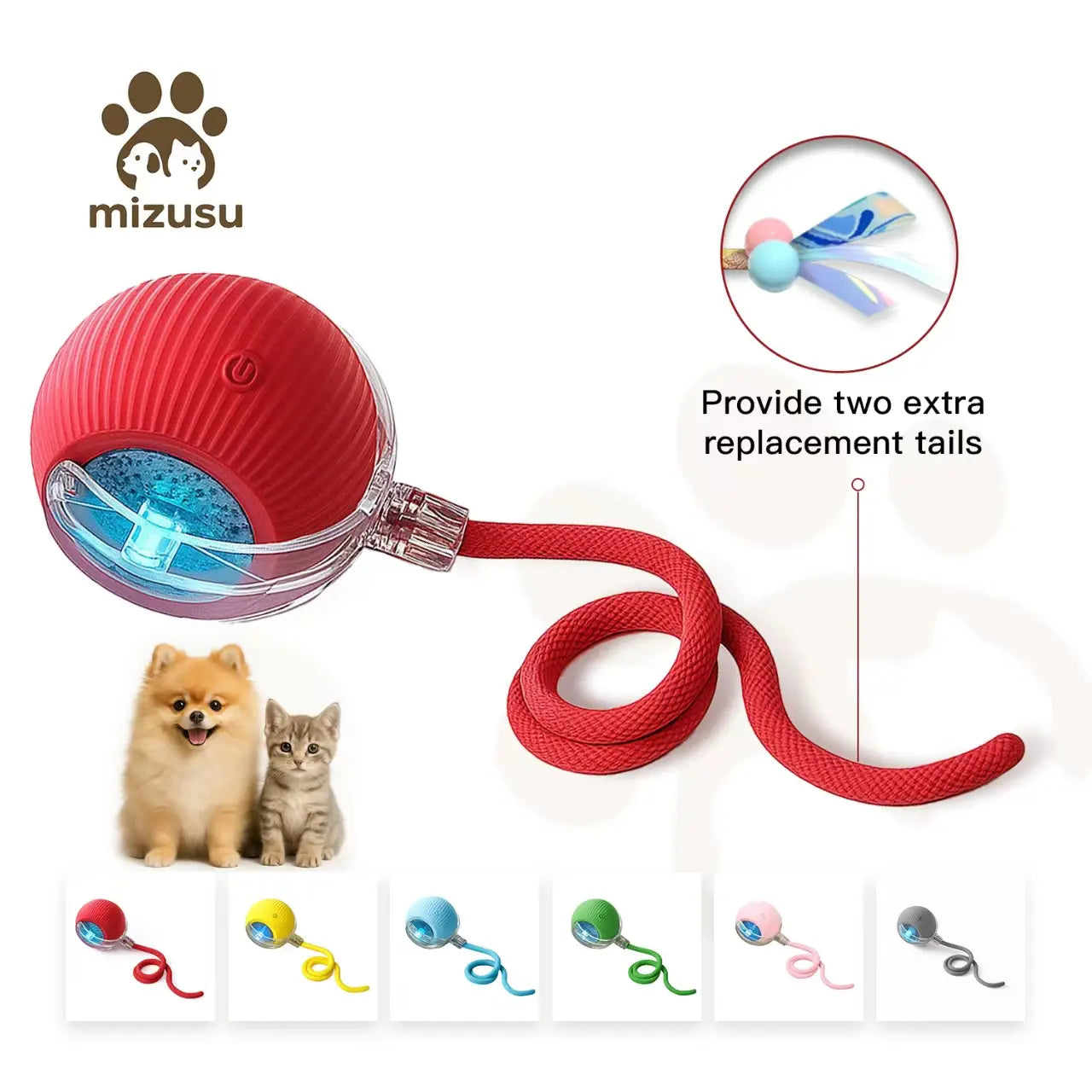 Mizusu Interactive Cat and Dog Teaser Toy with Two Additional Tails - Kitten Rolling Ball Toy and Pet Accessories